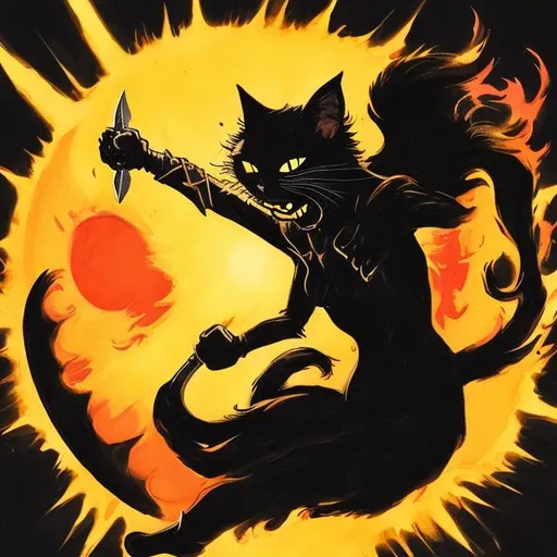 Prompt: a black cat wielding a dagger made out of the sun
