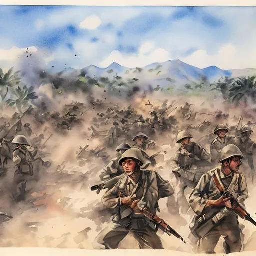 Prompt: Siege of Bataan 1942 in watercolor