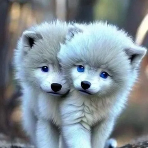 Prompt: Cute baby wolf pack. One with blue eyes and white fur coat,  one with black fur coat and one yellow and one green eye