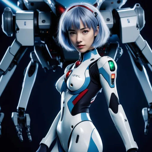 Prompt: High resolution Realistic photo image of an age:18 cute rei ayanami anime character from “neon genesis evangelion“, full body original Eve jump suit, highly detailed facial features and expression, dynamically posed with Eve robot facility in background