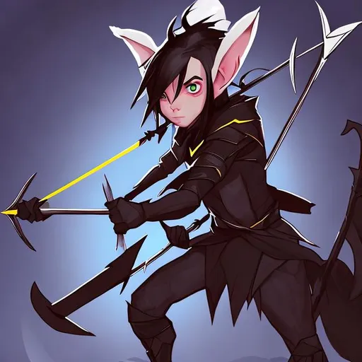 Prompt: Edgy gay elf man with small pointed ears. With a bow and arrow. Long black hair.