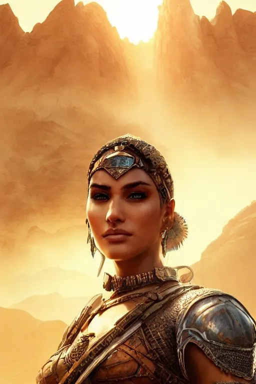 Prompt: Desert warrior, beautiful detailed face, action pose, highest quality, clear focus, deep color, illustration, complementary colors, soft glow, fantasy concept art, 8k resolution, Artstation Unreal Engine 5 trend, Artgerm, WLOP, dynamic soft lighting, fantasy framing, hyper detailing, intricate detailing, Artstation process color trend, Unreal Engine Volumetric Engine Lighting Engine 5