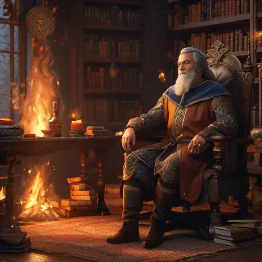 Prompt: Portrait of a mage sitting in a chair by the fire in his study.  Full-body shot, highly detailed, character illustration, 8K. (no headgear)