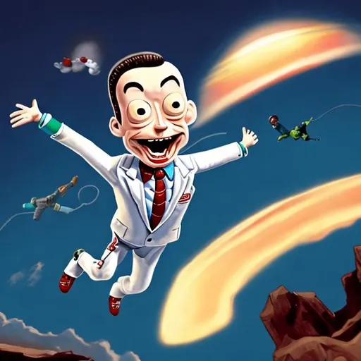 Prompt: cartoon image of pee-wee herman skydiving in the dark