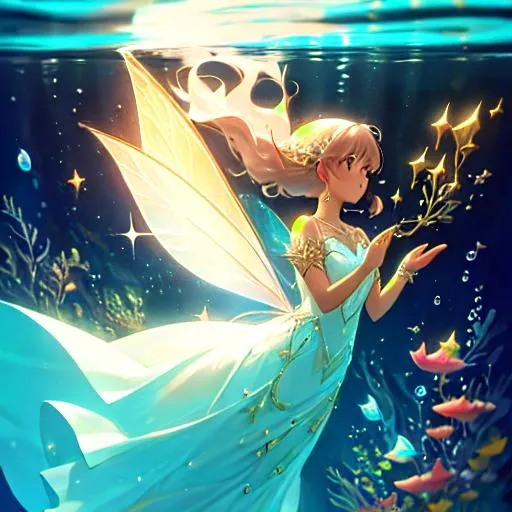 Prompt: pretry fairy, in a highly detailed ornate dress, sparkles, brown skin, underwater, light hair