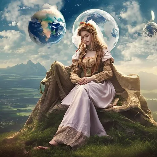 Prompt: A young beautiful women in traditional European clothes floating in the sky with crossed legs holding and protecting planet earth 