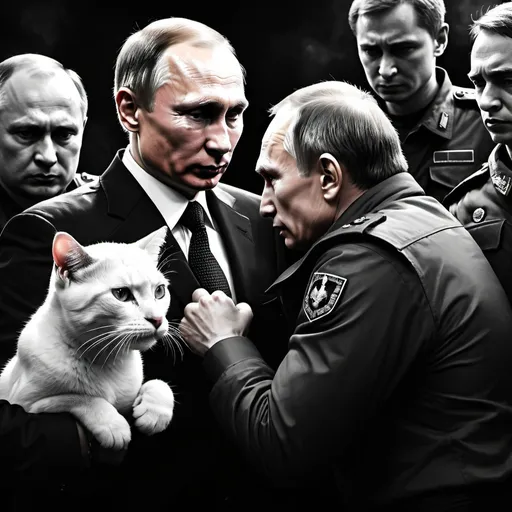 Prompt: Putin's arrest by black and white cats, digital illustration, dramatic lighting, tense atmosphere, realistic depiction, high quality, detailed facial expressions, intense confrontation, political tension, dark and moody tones, highres, dramatic lighting, digital illustration, intense expressions, political theme, realistic style, tense atmosphere