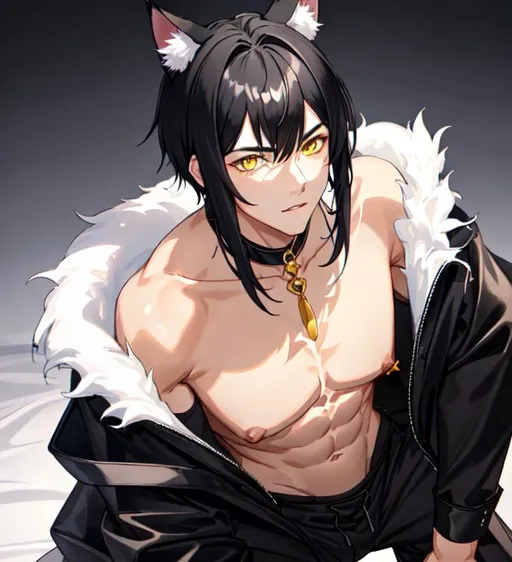 Prompt: Midnight male cat boy (short black hair) scar on his neck, 8k, UHD, highly detailed, best quality, on his knees, yellow eyes