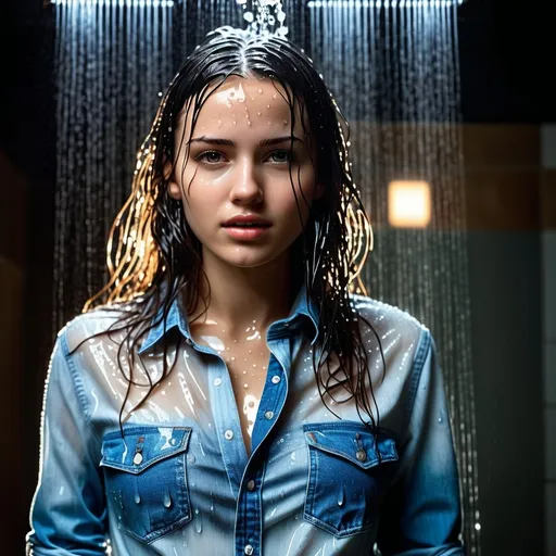 Prompt: Generate a photo of a young woman, wearing a  jeans, shirt,  standing under shower. She is enjoying being in her wet clothes, water dripping from her clothes, which are stuck to her body.  The image should show detailed textures of the wet fabric, a wet face, and plastered hair. The overall effect should be shiny and wet, with professional, high-quality details and a full body view.