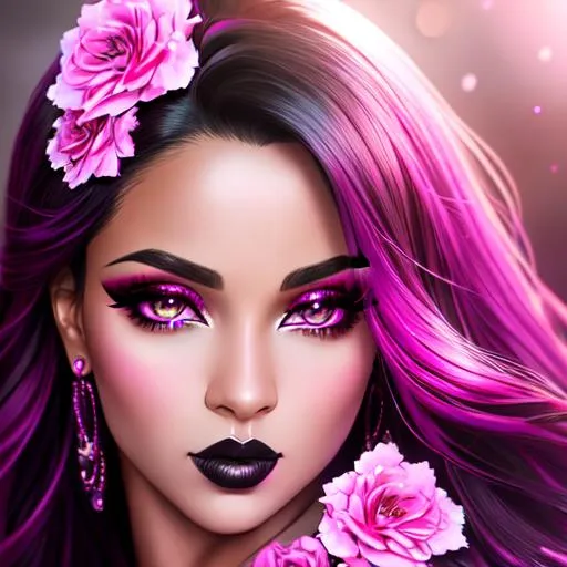 Prompt: Magenta colored eyes, portrait, long shot super detailed lifelike illustration, brown skin lady, black hair, cute face, black lipstick, black eyeshadow, dark aesthetic, realistic face, large realistic eyes, smooth soft skin, soft lighting, perfect ratio, symmetrical face, realistic hands, intricate artwork, highly detailed, perfect composition, sharp focus