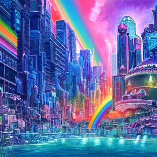 Prompt: a beautiful hyperdetailed painting of spiritual evolution city of god, rainbow retrowave fantasy, wallpaper, highly detailed, waterfront, happy people with robots 
in foreground  