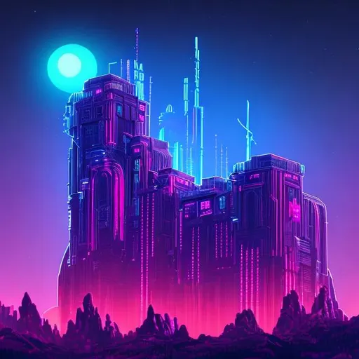 Prompt: Synthwave Fortress. Cyberpunk Castle in the mountains. 