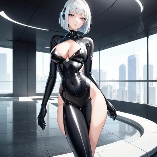 Prompt: a lonely AI girl, very tall, thick thighs, wide hips, long legs, slender arms, slender waist, big beautiful symmetrical eyes, intriguingly beautiful face, aloof expression, bob haircut with bangs, wearing Future-Corporate SurrealPop fashion clothes, 12K resolution, hyper quality, hyper-detailed, hyper-realistic, hyper-professional