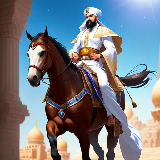 Prompt: Digital art of arabian warrior with white turban long white tail turban riding a standing position horse, medieval armor, facial hair, symmetrical, lighting, detailed face, by makoto shinkai, stanley artgerm lau, wlop, rossdraws, concept art, digital painting, intricate ornament on his suit, bokeh background, colorful ambient, HDR, soft look.


