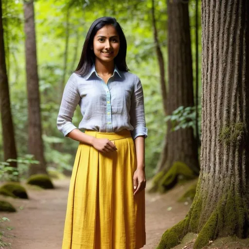 Prompt: full body portarit, Indian girl from Sikkim, asian features, sharp face, very fair skin, attractive, age 25, slim, short dark hair, subtle smile, wearing long linen skirt colour dark teal and short tunic on top colour deep yellow, muted colours, standing three quarters to the viewer, looking directly at viewer, outdoor, forest area, soft contrast, cinematic lighting, subtle haze, diffused day light coming from window on frame left, high resolution, photo realistic, shallow depth of field, 16mm film grain