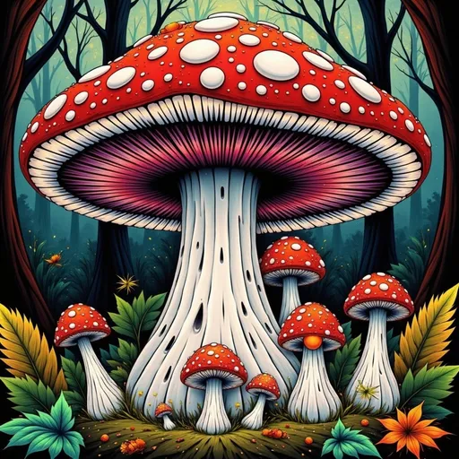Prompt: a painting of a mushroom in the woods with leaves around it and a red mushroom on the ground with a white cap, Dan Mumford, psychedelic art, josan gonzales and dan mumford, poster art