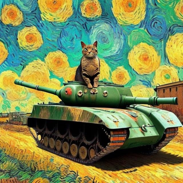 a cat disguised driving a tank painted in the style of van gogh