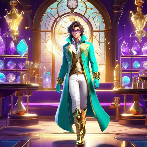 Prompt: Third person, feminine adult male, gameplay, alone, high quality, magical boy with shoulder length wavy hair, bright purple eyes, extravagant magical turqoise coat with gold trim, white dress pants, brown adventurer boots with gold trim, magical boy outfit with diamond motif, glasses, gold timepiece on wrist, gloves, cool atmosphere, magical scientist island, magical laboratory with high bookshelves and a giant window, Studio Ghibli, Sailor Moon, extremely detailed print by Hayao Miyazaki, magical scientist