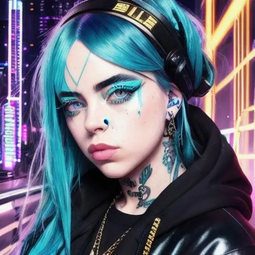 Prompt: billie eilish ai art, wearing cyberpunk streetwear, high detail perfect intense aqua blue eyes, gold lipstick, detailed full lips, facial tattoos, aqua and black hair color