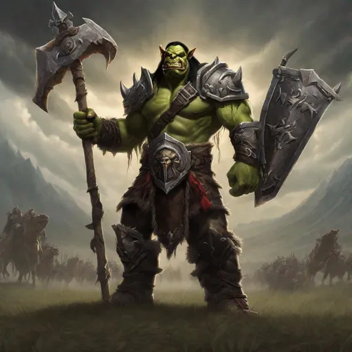 Prompt: a warcraft orc standing victorious on the field of battle, he is holding his clan's battle standard, a wide shot, full body