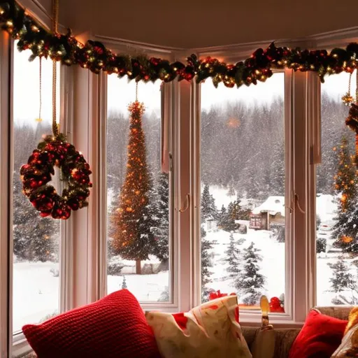 Prompt: view outside window on christmas cozy warm colors
