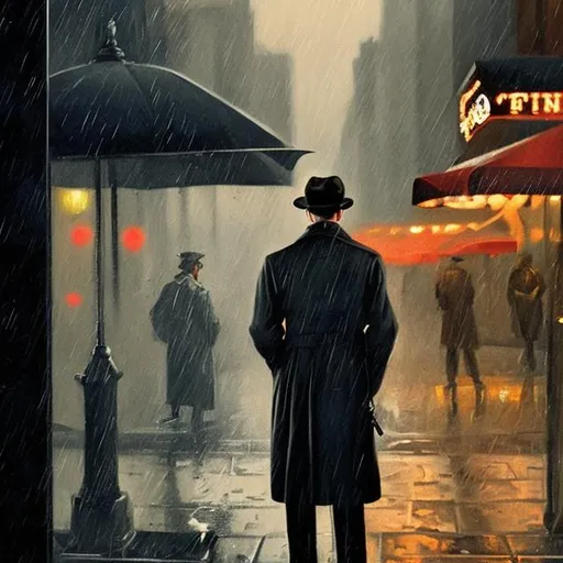 Prompt: A 1940s detective wearing a trenchcoat and fedora staring through a cafe window in New York City with a 1940s police car in the background on a rainy night whilst holding a cigarette in the style of an oil painting.