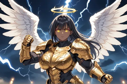 Prompt: Woman, curvy, muscular, golden heavy armor, intricate engravings, dark skin, glowing eyes, black hair, massive Angel wings, glowing halo, dynamic lighting, highly detailed, wrathful gaze, lightning bolt engravings, one fist raised