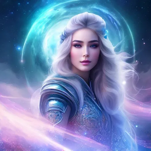 Prompt: create photograph of beautiful winter female princes who is wearing bright futuristic robes,  night time and beautiful sky  space and planets an nebulae in sky highly detailed, detailed face, extremely detailed environment, extremely detailed background, extremely detailed skin, extremely detailed clothing, natural colors , professionally color graded, photorealism, 8k, realistic, moody lighting, galactic environment, volumetric lighting