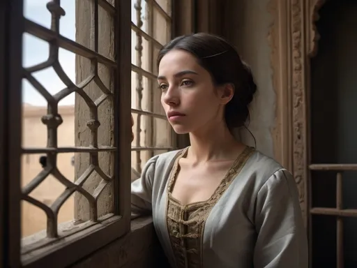 Prompt: Ana de Mendoza, imprisoned in her opulent but confining palace in Pastrana, wearing simple yet dignified clothing, reflecting on her fate through a barred window, with the austere and restrained interior of her confinement as the backdrop, capturing a sense of isolation and restrained grandeur, hyper-realistic, photo realism, cinematography --ar 9:16"