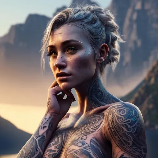 Prompt: ((Hyper realistic/cinematic/masterpiece/8K/UHD/Extremely detailed)) 
Woman, goddess, upperbody shot, riverside, mountains, night, moonlight, 3D illustrator, detailed body, detailed face, tattooed body, wavy hair, gorgeous.