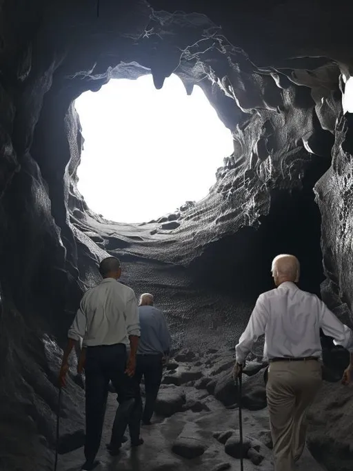 Prompt: obama, biden and trump stuck in a cave 