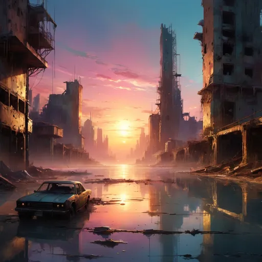 Prompt: A beautiful gorgeous sunset amidst a dystopian ruined city landscape with a pastel sunset and a sparkling pastel sea, by Craig Mullins, Destin Sparks, Raymond Swanland, Justin Minns, Ismail Inceoglu, Behance HD, Artstation, Deviantart, minimalistic touch of gold decorations, 8k resolution, incredible abstract composition, deep colors