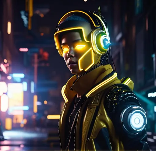 Prompt: cyborg, robot boy wearing yellow raincoat and denim shorts and headphones in a cyber punk city, hyper realistic details, cinematic lighting, 3d, 8k