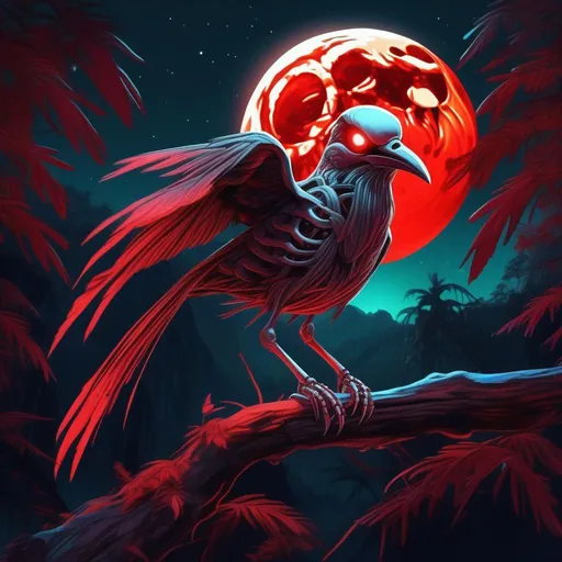 Prompt: A mythical bioluminescent skeleton of a bird that is glowing, evil, scary, creepy, terrifying, dripping red rainforest, huge blood moon, beneath the stars, highres, best quality, concept art