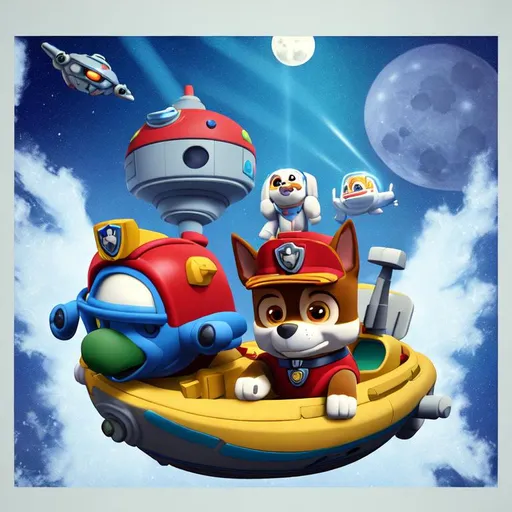 Prompt: image of paw patrol with in an alien ship, aliens and moon, beams of neon rays, ai render, smoke, stylized in clay