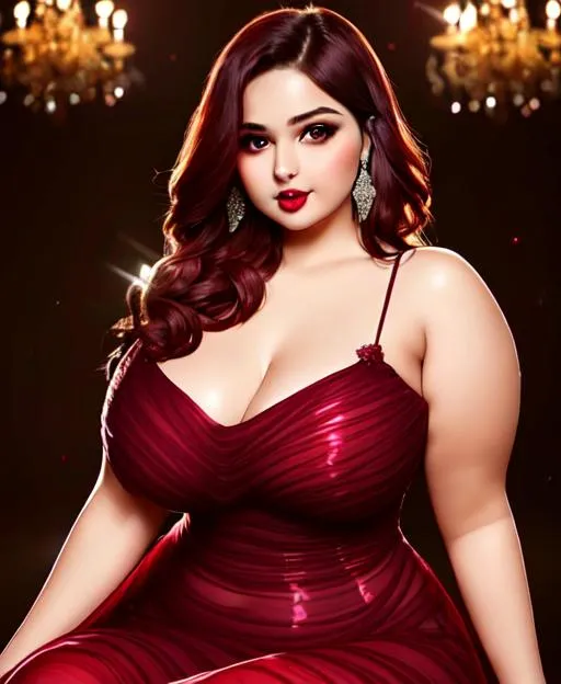 Prompt: lovely innocent curvy and attractive 28 years old girl lovely face cut wearing maroon reveling transparent party gown modeling look with glowing lips