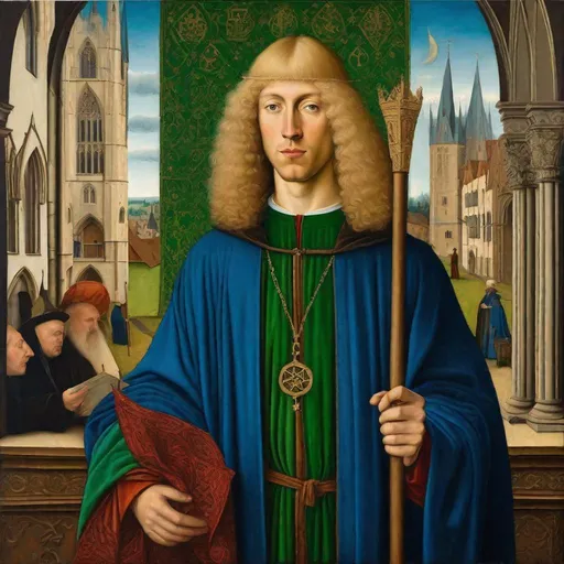 Prompt: painting in style of Jan van Eyck
, Portrait, young male sorcerer, blonde straight hair, green eyes, blue robes, slender wizard staff in hand, adventurer, symmetrical detailed face,   medieval  townhall in the background, extremely detailed,