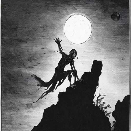 Prompt:  a black and white picture of a slim humanoid creature screaming at the moon at night from far away perched on a cliff