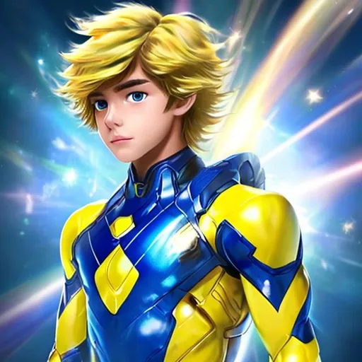 Prompt: Teen, handsome, male, 12 years old, yellow hair,  blue and white colour shine nano suit. 