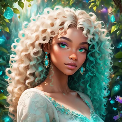 Prompt: (beautiful young black woman), vibrant fantasy style, Tawny brown skin, luxurious white curly/coily hair, striking turquoise eyes, magical atmosphere, enchanting light, whimsical background filled with fantastical elements, lush colors, dreamy vibe, high depth, ultra-detailed, captivating and imaginative composition.