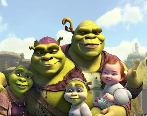 Prompt: Shrek and fiona loves the orge babies