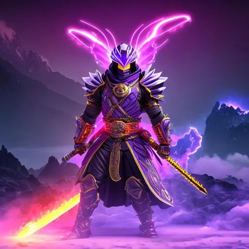 Prompt: sci-fi armoured ninja
 god in an electric aura holding a purple flaming sword riding a purple flame dragon in front of a snowy mountain with thunder comic style