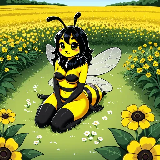 Prompt: A furry style bee humanoid hybrid anthropomorphic (bumblebee insect queen) in a field of flowers, mix humanoid basic form with distinctive bumblebee features to create a cute and beautiful creature.