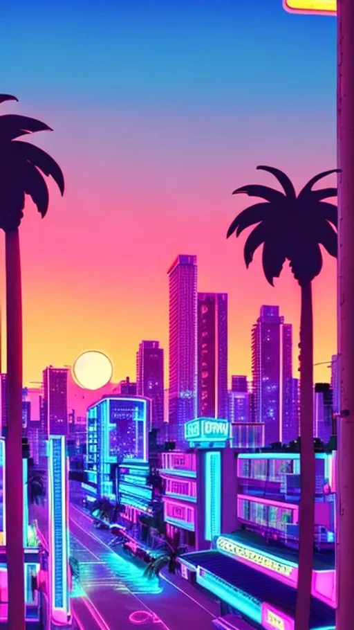 Prompt: vaporwave city, neon lighting, beautiful sunset, palm trees. Retro 