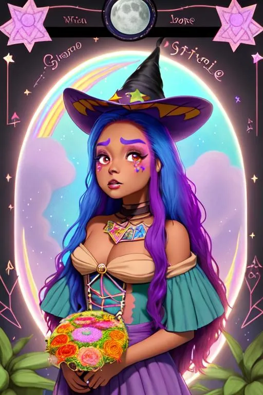 Prompt: tan skintone, mexican witch with rainbow hair, large chest, holding tarot cards, cute, flowers, aesthetic, pastel, fairycore, disney, pixar, moon, stars, witchcraft, in a starry pastel sky,  garden, sweet, dreamy, award winning illustration, artstation, highres, hyperrealistic, large doe eyes, celestial, sci-fi, fantasy, cottagecore