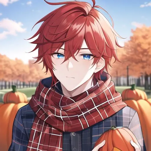 Prompt: Zerif 1male (Red side-swept hair covering his right eye, blue eyes), highly detailed face, wearing a cozy flannel shirt and a pair of stylish jeans. In the park, fall.  wearing a scarf, looking up at the sky, in a pumpkin patch, adult. Handsome,  detailed, UHD, HD, 4K, highly detailed, red haze, masculine, anime style