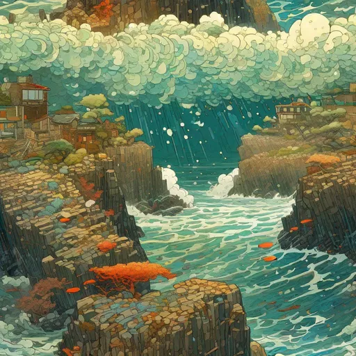 Prompt: ""Rocky Shoreline Landscape Storm" artwork by Victo Ngai, Lee Madgwick, Robert McCall, René Magritte ; hyperdetailed and highly intricated artwork : UHD8K :: highly detailed :: hyperrealistic :: Splash art :: volumetric lighting :: Portrait in colorful complementary colors :: striking :: beautifully lit :: atmospheric :: 8k :: smooth sharp focus :: trending on Artstation"