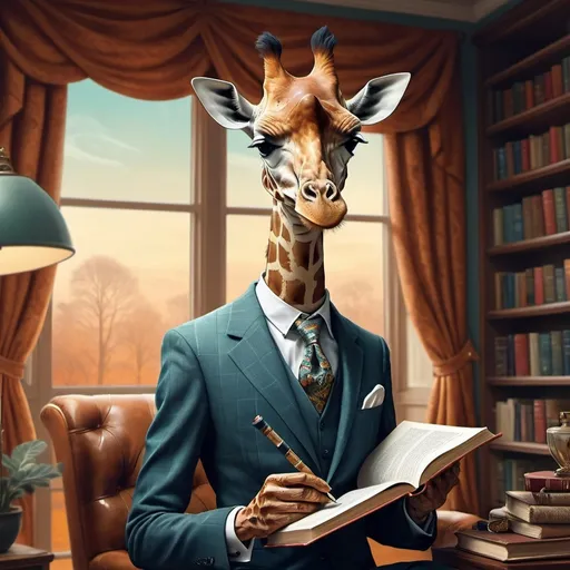 Prompt: Surrealism illustration of a sophisticated giraffe in a tailored suit, smoking a pipe, warm and cozy home library setting, wearing elegant reading glasses, engrossed in a book, dreamlike colors and patterns, detailed fur with surreal textures, whimsical and surreal atmosphere, high quality, surrealism, dreamlike, cozy setting, detailed patterns, sophisticated design, vibrant colors, surreal textures, surreal lighting