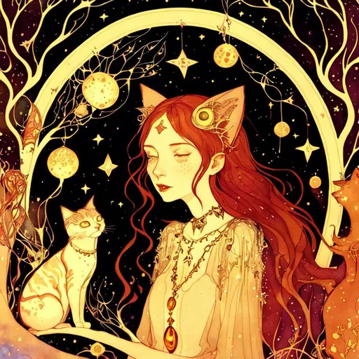 Prompt: She is every nice cats thrown open at once under an endless screaming of stars. illustration by virginia frances sterrett. fairy princess, sparkling red hair, dripping amber sap, constellations, eldritch, magical, delicate face, watercolor, smooth, sharp focus, illustration, art by Agnes Cecile & kay nielsen & natalia fabia & leon bakst & seb mckinnon