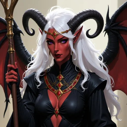 Prompt:  @p2CZMES7VK5y7B1QsEFp white hair, large crown, lots of jewelry, horns curved down, black clothes, big wings, wooden staff